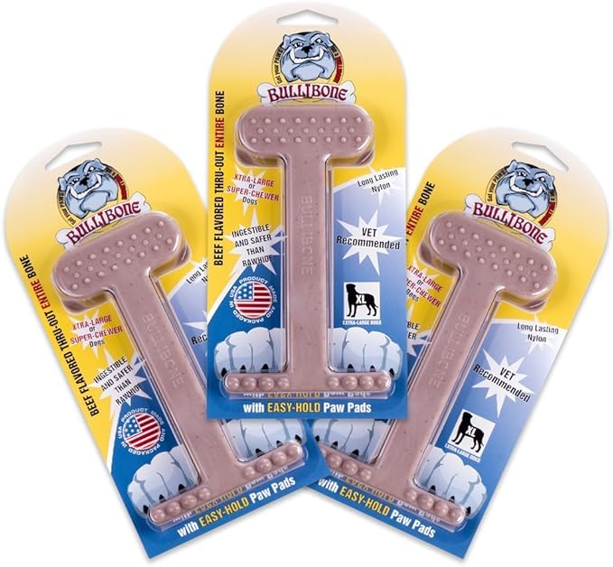 Bullibone Nylon Dog Chew Toy Nylon Bone - Improves Dental Hygiene, Easy to Grip Bottom, and Permeated with Flavor (Beef, XL - 3 Pack)