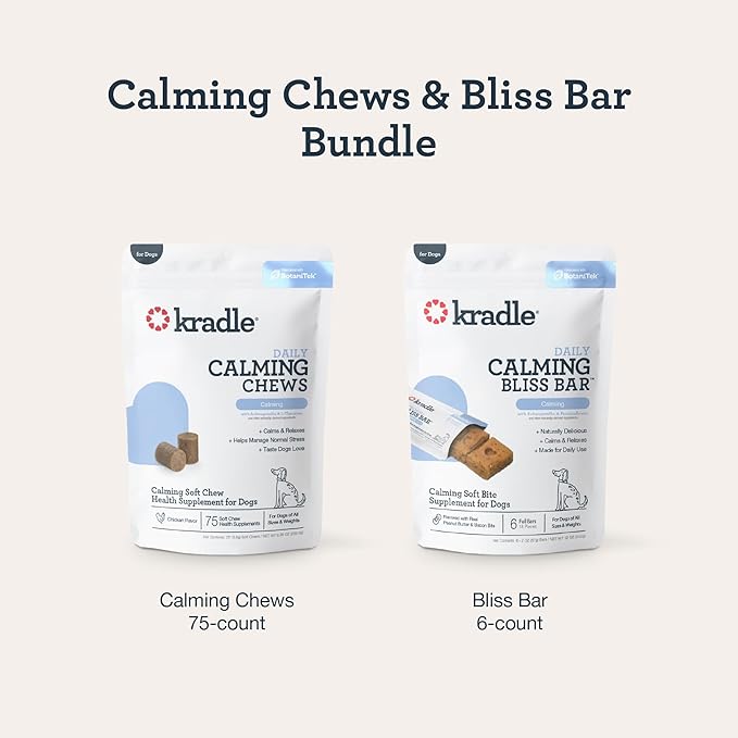Kradle Calming Bundle for Dogs - Peanut Butter Bliss Bars (6) + Calming Chews (75) - Ashwagandha L-Theanine - Occasional Anxiety Support