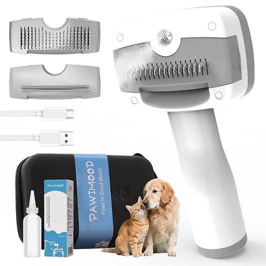 5 in 1 Pet Steam Brush for Dogs & Cats – Self Cleaning, 3 Pet Brush for Smoothing, Dematting, Thinning – Shedding, Grooming & Hair Removal, Includes Enssence & Storage Case