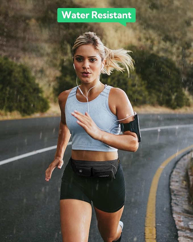 WATERFLY Fanny Pack for Women Men Water Resistant Small Waist Pouch Slim Belt Bag with 4 Pockets for Running Travelling Hiking Walking Lightweight Crossbody Chest Bag Fit All Phones…