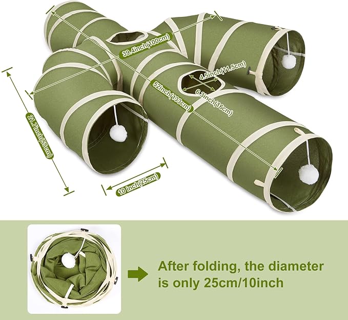 Ownpets Cat Tunnel Cactus-Shaped, Sturdy Oxford Fabric Collapsible Cat Tunnels for Indoor Cats,Interactive Peek Hole Pet Tunnel Tube with Cat Wand Toy, Green