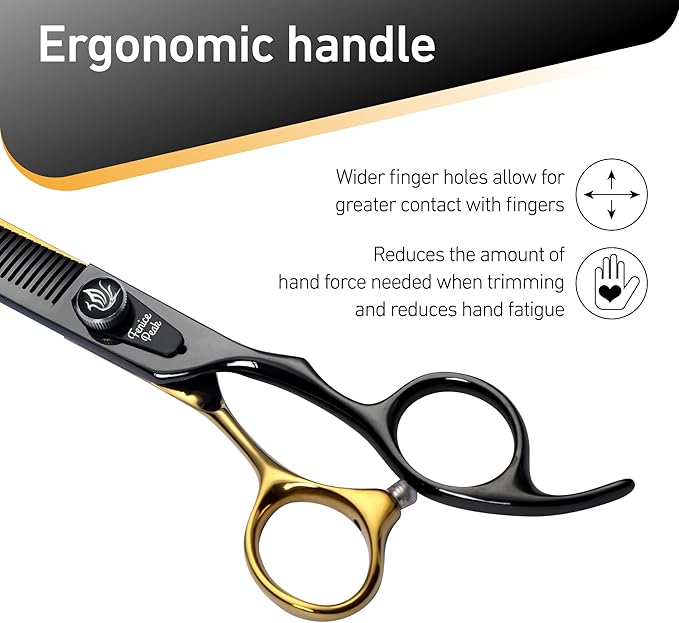 Fenice Peak 7'' Black Dog Grooming Scissors Goldern Thinning Dog Blending Scissors with Ergonomic Offest Handle and Pattern Screw Pet Grooming Thinner Blender Shears Durable and Sharp 440C