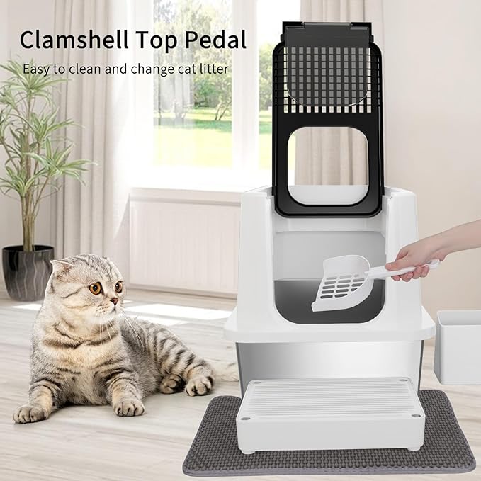 RIZZARI Stainless Steel Cat Litter Box, Odorless Enclosed Litter Box with Top Holes, Large Litter Pan for Small to Large Sized Cats (Black, 23.8" L*15.9" W*16.1" H)