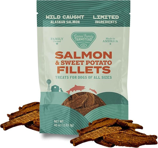 Gaines Family Farmstead Salmon & Sweet Potato Fillets for Dogs - 40 oz Pouch, All-Natural Dog Treats – Wild Caught Alaskan Salmon, Soft Chew, Limited Ingredients, Made in USA