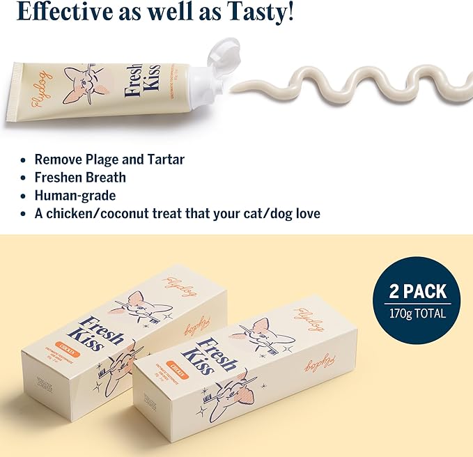 FlyDog Fresh Kiss Dog Tooth Brushing Kit - Vet Approved Formula, Enzymatic Dog Toothpaste and Brush - Breath Freshener & Tartar Remover, 360° Toothbrush & Finger Brush, Dental Guide, Chicken Flavor