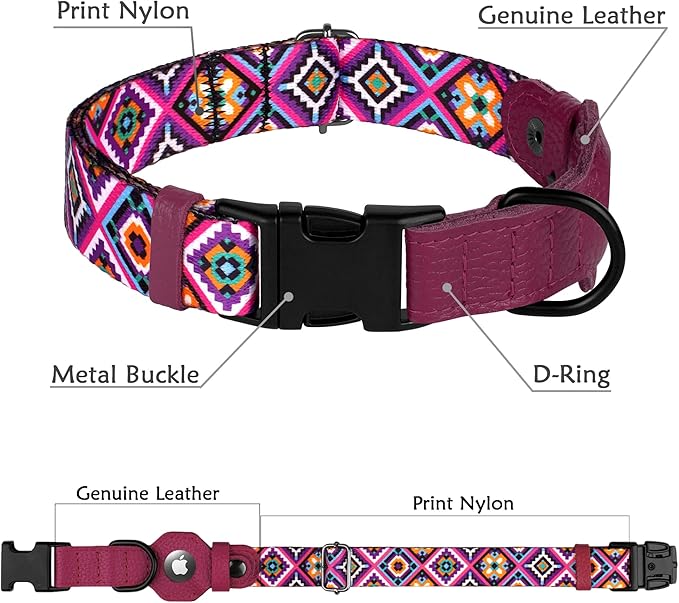 AirTag Dog Collar with Metal Buckle - Soft Leather Printed Nylon Dog Collar with Apple AirTag Holder - Cute Tracking GPS Pet Collars for Girl Boy Small Large Dogs (M, 14"-18" Neck Fit, Aztec)