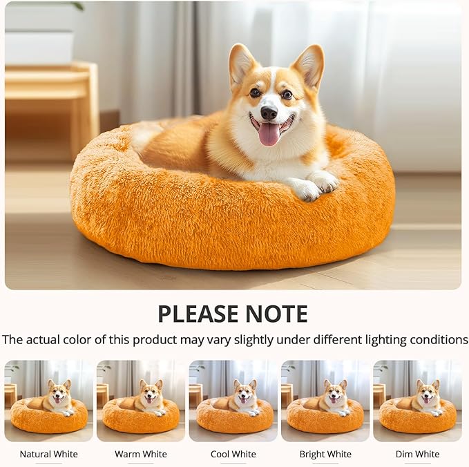 JOLLYVOGUE Calming Dog & Cat Bed for Small Dogs, Anti-Anxiety Donut Cuddler Cozy Soft Round Bed with Anti-Slip Bottom, Fluffy Faux Fur Plush Cushion Beds for Small Medium Dogs (27")
