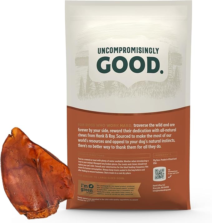 Hank & Roy Pig Ears for Dogs, All-Natural, Single-Ingredient, Long Lasting, Easily Digestible Whole Pig Ear Dog Treats, Antibiotic and Hormone Free, Individually Wrapped for Odor Control and Freshness