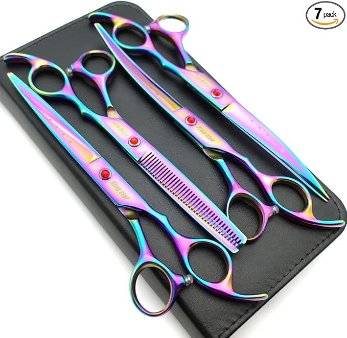 7.0in Titanium Rainbow Professional Pet Grooming Scissors Set,Straight & Thinning & Curved Scissors 4pcs Set for Dog Grooming,(Rainbow)