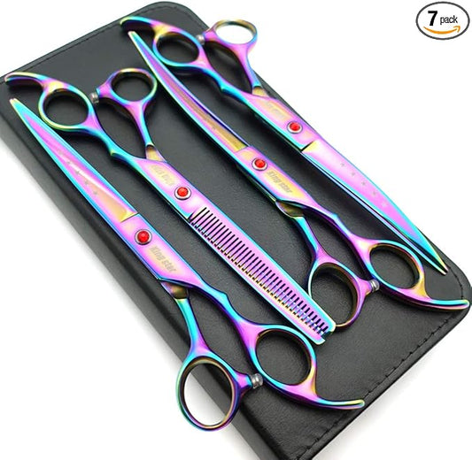 7.0in Titanium Rainbow Professional Pet Grooming Scissors Set,Straight & Thinning & Curved Scissors 4pcs Set for Dog Grooming,(Rainbow)