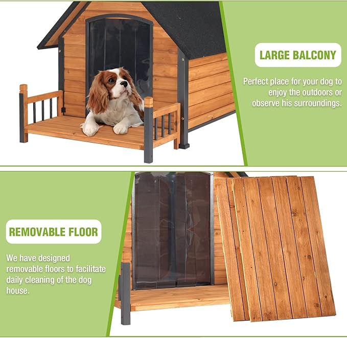GUTINNEEN Dog House Outdoor Weatherproof Dog Kennel with All-Around Iron Frame, Anti-Bite Puppy Home with Porch, Dog Shelter for Large Breed (Brown, 50.9'' Large)