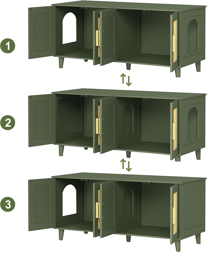 Homhedy Boho Cat Litter Box Enclosure for 2 Cats, Wooden Cat Washroom Furniture with Double Rattan Decorated Doors, Pet House,47.2”L x 19.7”W x 21.7”H, Green
