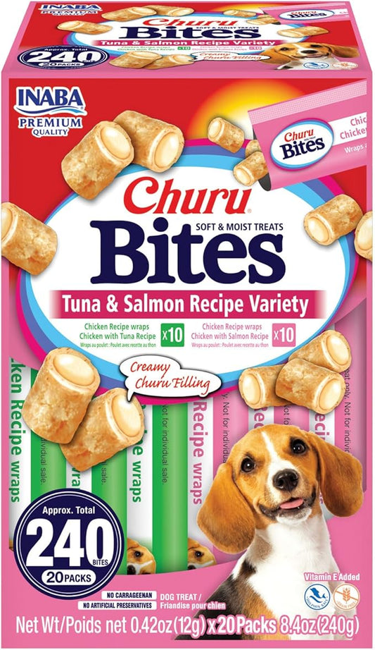 INABA Churu Bites Dog Treat, Grain-Free, Baked Chicken Filled with Churu, Chicken Recipe Wraps Tuna Recipe & Salmon Recipe 20 Pack Variety
