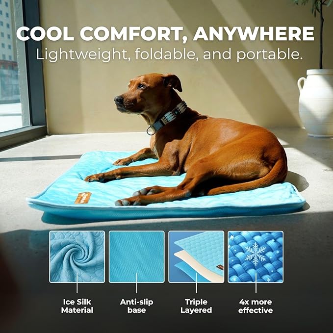 Pelsbarn Dog Cooling Mat- Ice Silk Summer Comfort, Self Cooling, Non-Slip Dog Pad, Durable & Washable, Mat for Medium Dogs 50x65 cm, Support Shelter Dogs with Every Purchase (Blue)