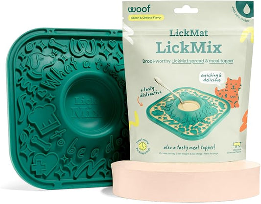 Woof Lick Mat and Bacon and Cheese LickMix Starter Pack Bundle - Dog Enrichment and Spread - Slow Feeder Mat with Non-Slip Design - Delicious, Lower Calorie Mix -Green