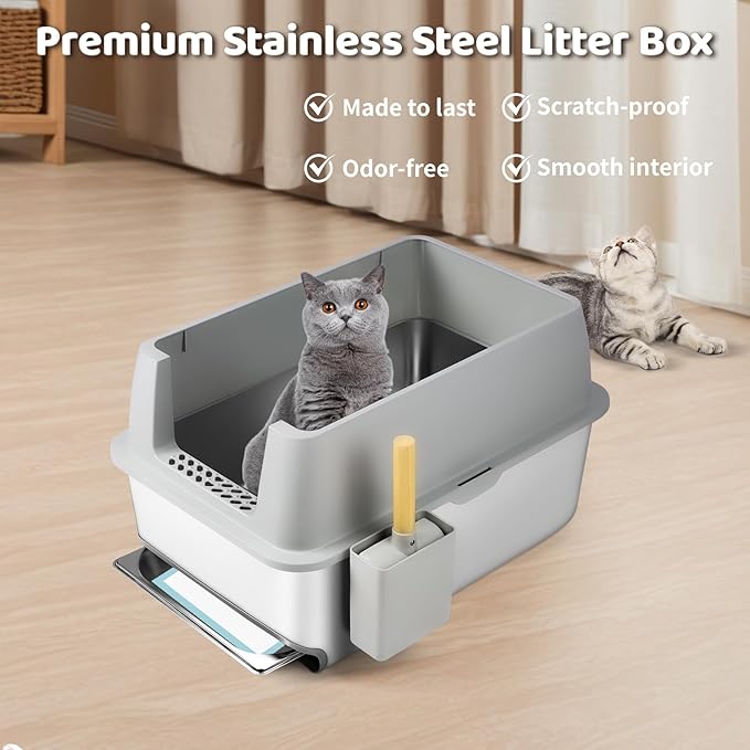 Stainless Steel Litter Box, 23.6" L x 15.7" W Drawer Type Semi-Enclosed Cat Litter Box with Sifting Pan, Scoop for Big Cat Easy Cleaning