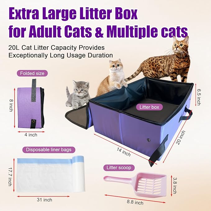 Upgraded Portable Cat Travel Litter Box with Zipped Lid & 10 Liners, Leak-Proof and Foldable Travel Cat Litter Box for Hotels, Car, and Camping, Odor-Free & Waterproof, 20x14x6.5 Inches (Purple)