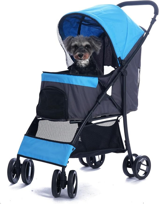Sunny Sonny Foldable Jogger Pet Stroller with Weather Cover Storage Basket Pet Travel Carrier for S/M Dogs Cats up to 33lbs (Blue)