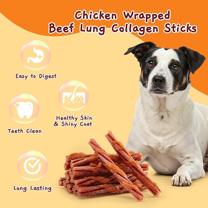 Jungle Calling Chicken Wrapped Beef Lung Collagen Sticks Dog Treats, Long Lasting Bones, Bully Sticks for Small Medium Dogs Moderate Chewers, Chews Easy to Digest Teeth Cleaning,14.1 oz