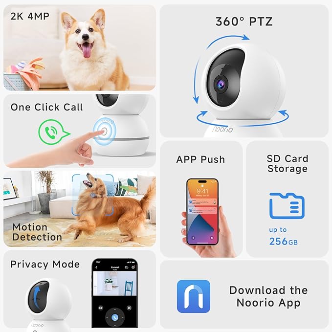 Noorio 2K Indoor Security Camera, Pet Camera with Speaker Pan&Tilt, One Click Call Baby Monitor Night Vision, Smart Motion Tracking Cam for Dogs, Plug-in 24/7 SD&Cloud Storage, CS201