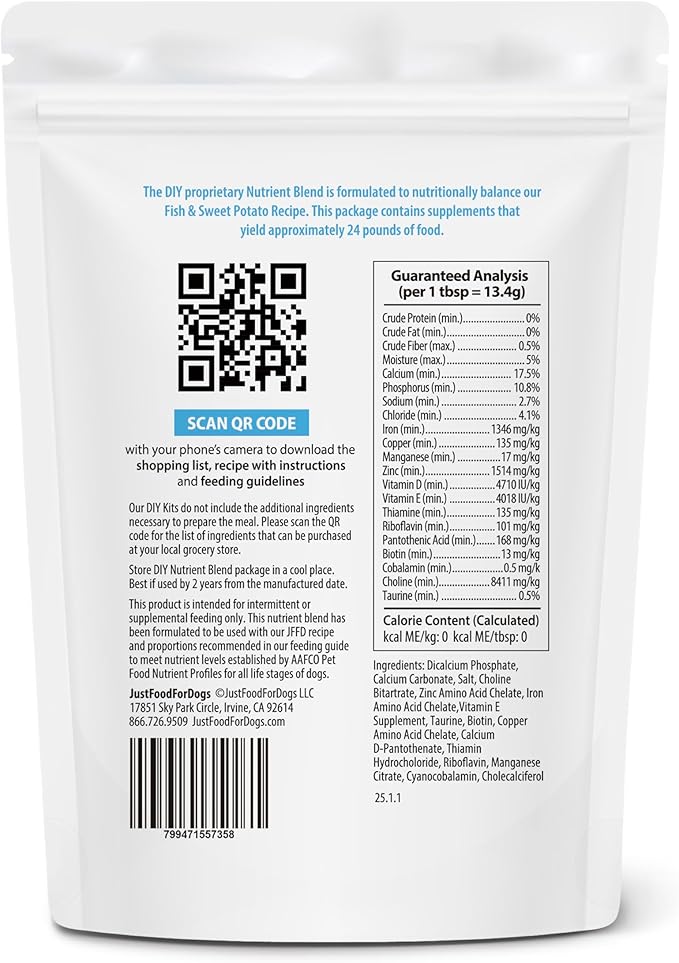 JustFoodForDogs DIY Nutrient Blend for Homemade Dog Food, Fish & Sweet Potato Recipe, 5.92oz