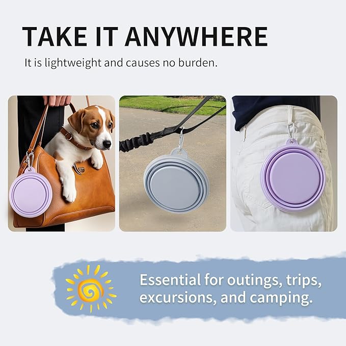 Collapsible Dog Bowls 2-Pack, Portable Travel Dog Bowl with Carabiner, Food-Grade Silicone Pet Bowl for Hiking, Walking (22 OZ Macaron Blue and Violet)