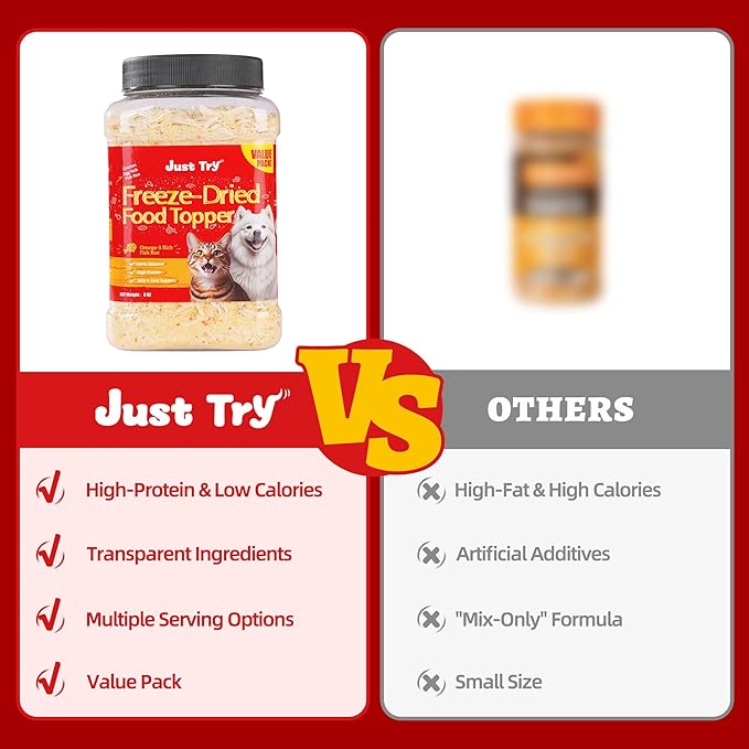 Just Try 8 OZ Fish Roe Freeze Dried Cat & Dog Food Toppers Mixers Grain Free Cat Treats for Indoor Cats Low Calorie Real Chicken Egg Yolk Omega 3 Supports Skin & Coat Health