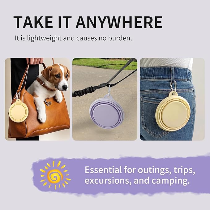 Collapsible Dog Bowls 2-Pack, Portable Travel Dog Bowl with Carabiner, Food-Grade Silicone Pet Bowl for Hiking, Walking (Macaron Yellow and Violet)