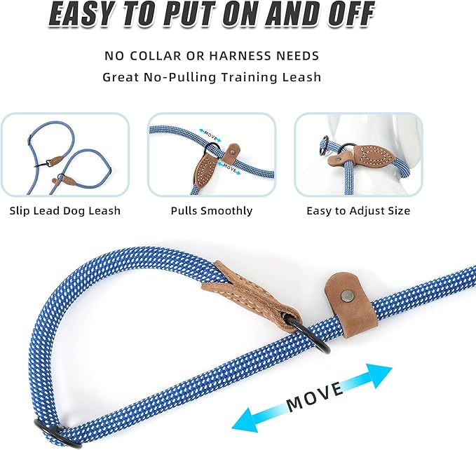 Mile High Life Hands Free Dog Leash, Crossbody Waist Leash with Genuine Leather Connection, Multifunctional Adjustable Slip Lead for Dog Walking Running (Blue White, 7FT)