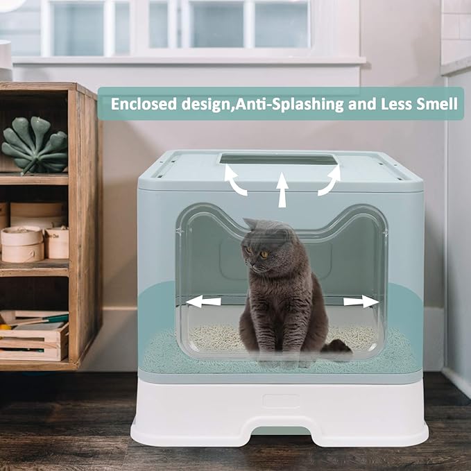 Foldable Cat Litter Box with Lid, Enclosed Potty, Large Top Entry Anti-Splashing Toilet, Easy to Clean Including Litter Scoop and 2-in-1 Cleaning Brush (Blue)