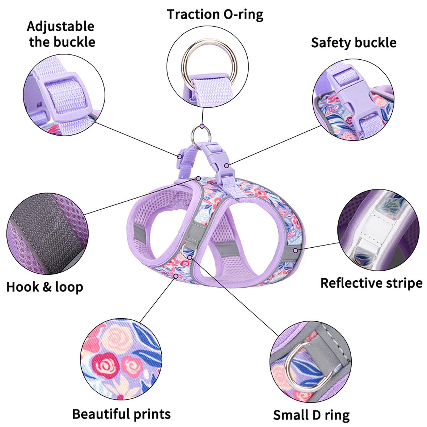 KocaPlye Small Dog Harness Purple Flowers No Pull Reflective Step in Vest Harness Mesh Padded Soft Harness for Small Medium Dogs Cats