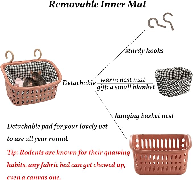 JWShang Rat Hammock for Cage, Chew Proof Hanging Basket Bed with Sturdy Hooks, Pet Cage Accessories, Safe Cozy Small Animal Rodent Hammock for Sugar Glider Mice Snuggling Sleeping