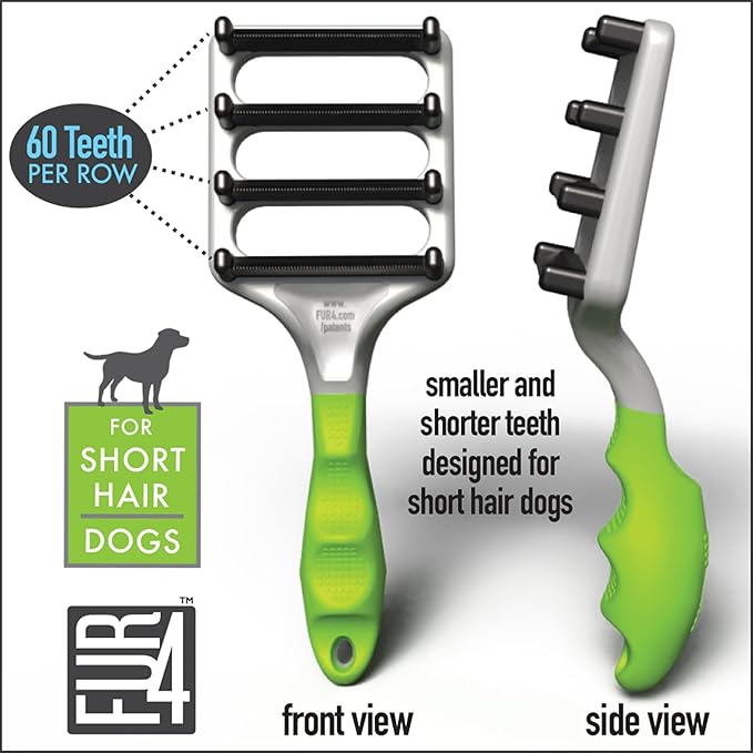 FUR4 deShedding Dog Brush for Short Hair Dogs - Dog Grooming Tool with 4 Composite Carbon Fiber Edges to Remove Loose Fur & Reduce Shedding - Gentle & Effective Grooming Brush for Short Hair Dogs