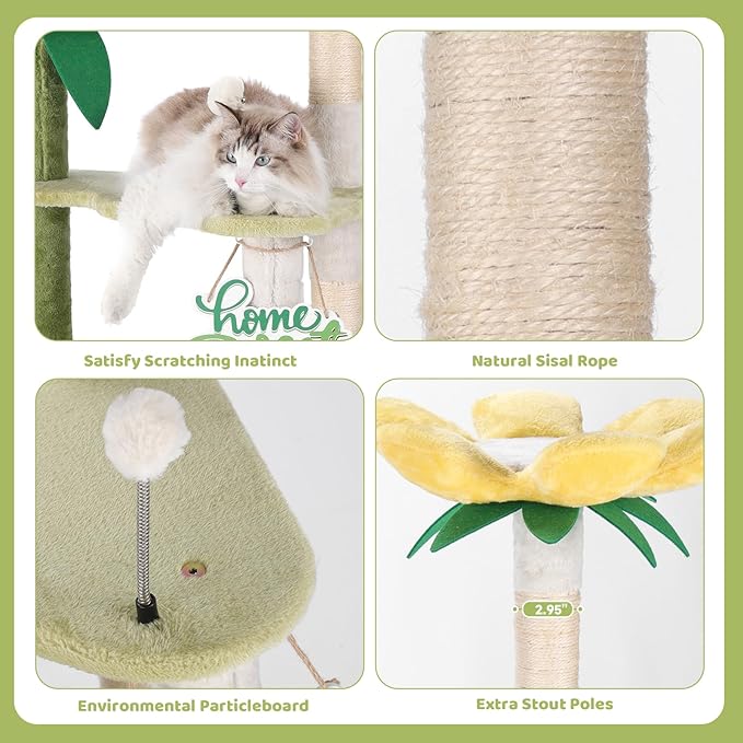 HYABi 47.5-Inch Avocado Cat Tree Tower - Cute Garden Cat Condo with Multi-Level Activity Platform, Scratching Posts & Plush Ball, Perfect for Indoor Kittens