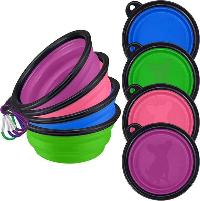 LAVAED 4 Pack Collapsible Dog Bowl Portable Foldable Travel Pets Bowls Cats Water Feeding Food Bowls Silicone Expandable Cup Dish Puppies for Walking Camping Outdoors with Carabiner Clip