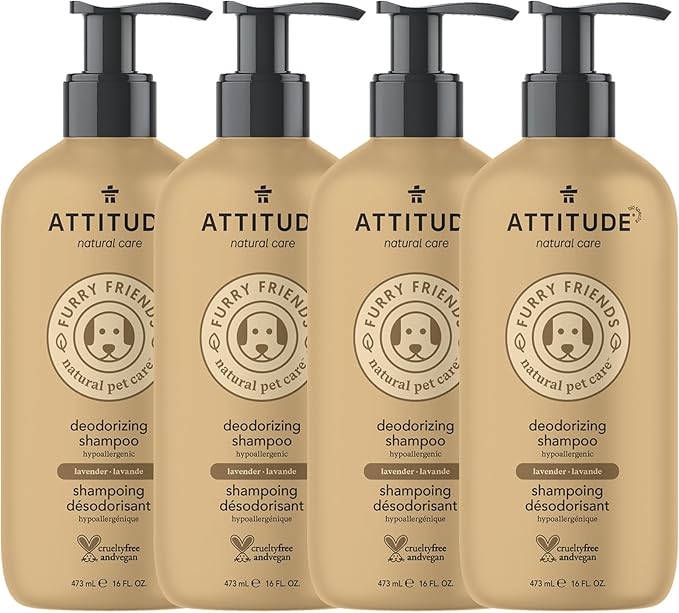 ATTITUDE Natural Deodorizing Shampoo for Cat & Dog, Vegan and Cruelty-Free, Grooming Products, Lavender, 16 Fl Oz (Pack of 4)