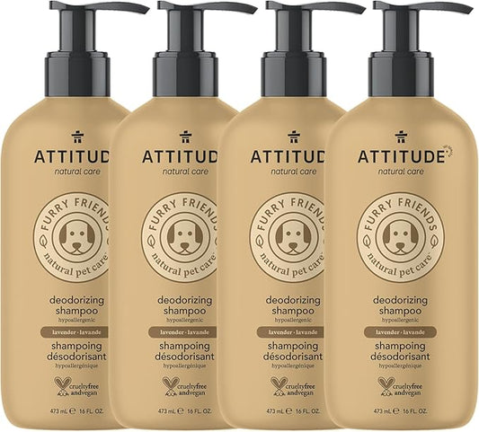 ATTITUDE Natural Deodorizing Shampoo for Cat & Dog, Vegan and Cruelty-Free, Grooming Products, Lavender, 16 Fl Oz (Pack of 4)