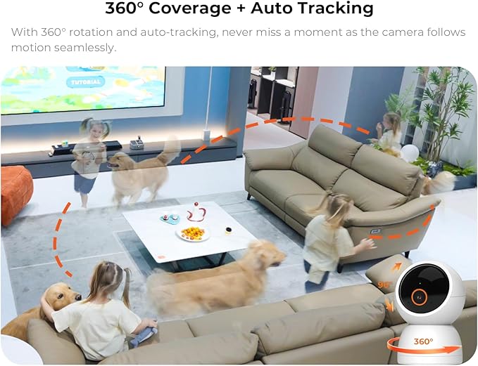 3K Pan/Tilt Indoor Camera for Home, 360° Dog Camera w/Motion Detection, Google TV, No Monthly fees, 2.4G/5G, Night Vision, 2-Way Audio, Auto Tracking, Security Cameras for Baby/Pet Monitoring