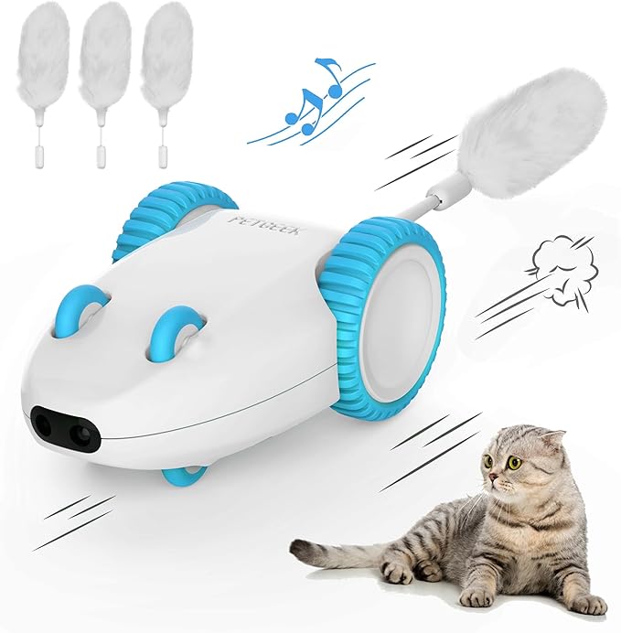 PETGEEK Automatic Cat Mouse Toys Interactive Cat Toys for Indoor Cats, Smart Sensing Moving Electric Cat Toys with Catnip Wand, USB Rechargeable Remote Control Squeaky Mouse Cat Toy, 3 Catnip Tails