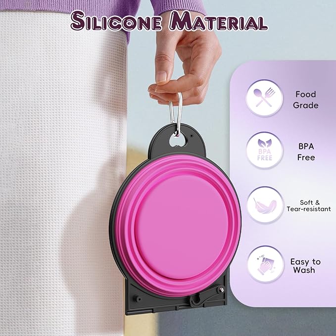 Pawaboo 2-in-1 Collapsible Dog Bowls, Dual Puppy Food and Water Bowls, 180° Flip Over Portable Silicone Dog Bowl with Metal Hook, 450ml Pet Travel Feeder Bowl for Walking Hiking Camping, Pink