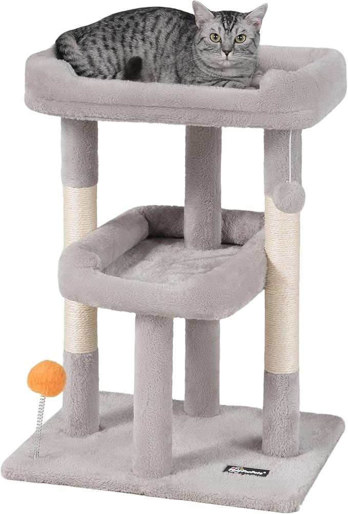 FourFurPets Small Cat Tree, Multi-Level Cat Tree for Indoor Cats, Cat Tower with Scratching Post, Cat Condo for Kittens,Toy Balls, 2 Soft Platform, Light Gray