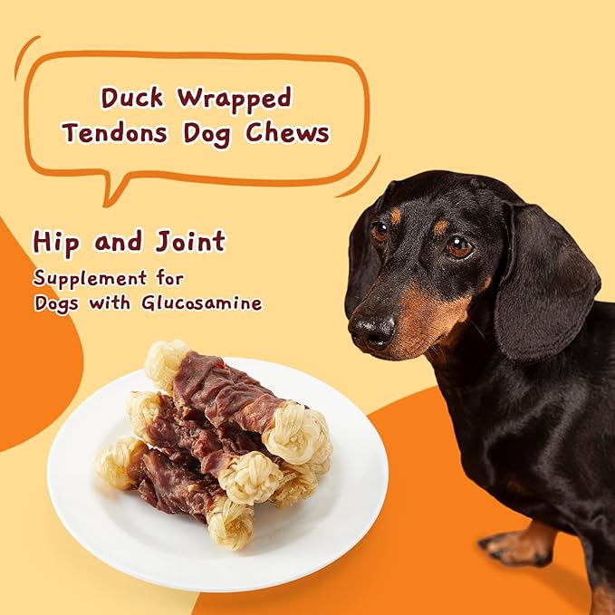 Jungle Calling Beef Tendons for Dogs, Duck Wrapped Tendons Dog Chews Long Lasting Hip and Joint Supplement for Dogs with Glucosamine (Knotted Bone)