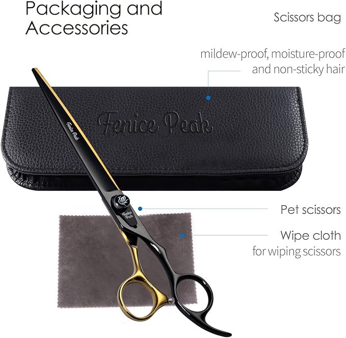 Fenice Peak 8'' Black Dog Grooming Scissors Goldern Straight Shears with Ergonomic Offest Handle and Pattern Screw Pet Grooming Trimming Shears Durable and Sharp 440C