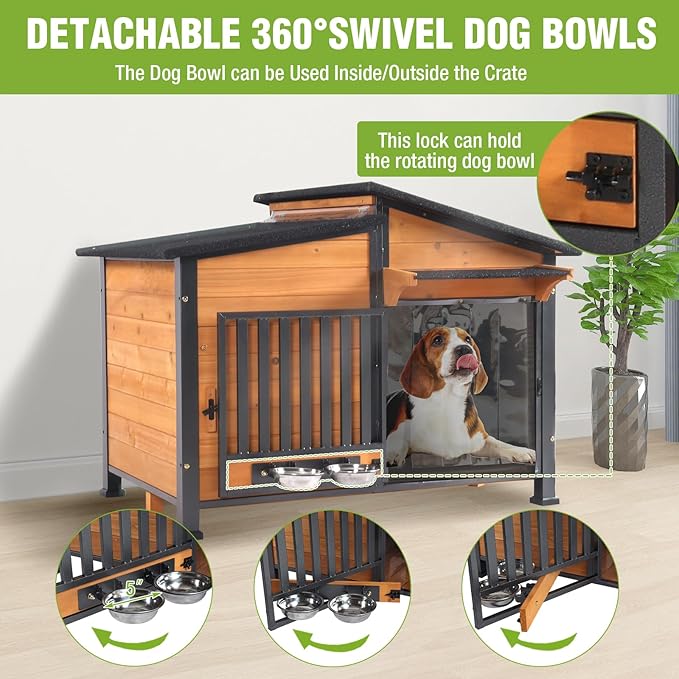 GUTINNEEN Outdoor Dog House Insulated Large Weatherproof Dog Shelter with Chew-Proof Full Metal Frame, 360° Rotatable Spill-Proof Bowl, Openable Roof, Removable Inner Floor for Dogs