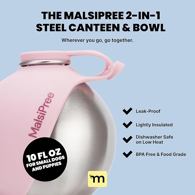 Malsipree 2-in-1 Portable Dog Water Bottle & Bowl for Small Dogs - Leak Proof & Insulating - Travel Water Dispenser - Stainless Steel Bottle & Silicone Bowl - Walking & Hiking (10 fl oz, Pink)