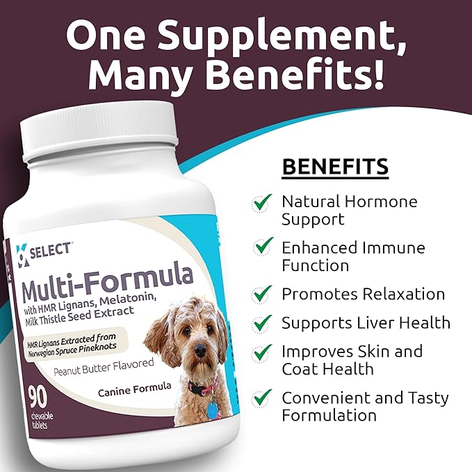 K9 Select Multi-Formula Dog Vitamins for Smaller Dogs - 10mg HMR Lignans, 1mg Melatonin, 20mg Milk Thistle - Helps Heart, Liver, Digestion, Skin & Coat Health, 90 Tablets, Peanut Butter Flavor