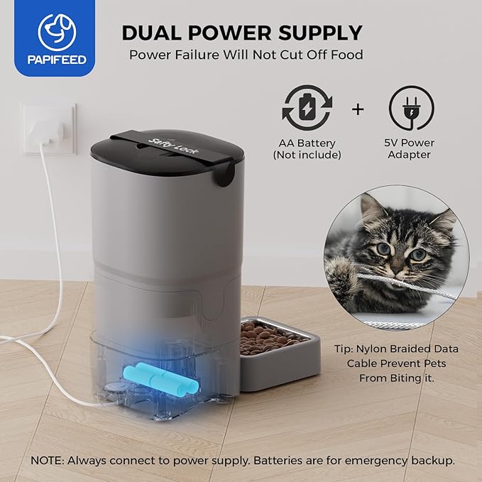 PAPIFEED Automatic Cat Feeder Upgrade, Smart Cat Feeder 6L - APP/Alexa Control, Dual Power Supply, Anti-Chewing Cord, Stainless Steel Bowl, Anti-Chewing Design for Cats and Small/Medium Dogs (Gray)