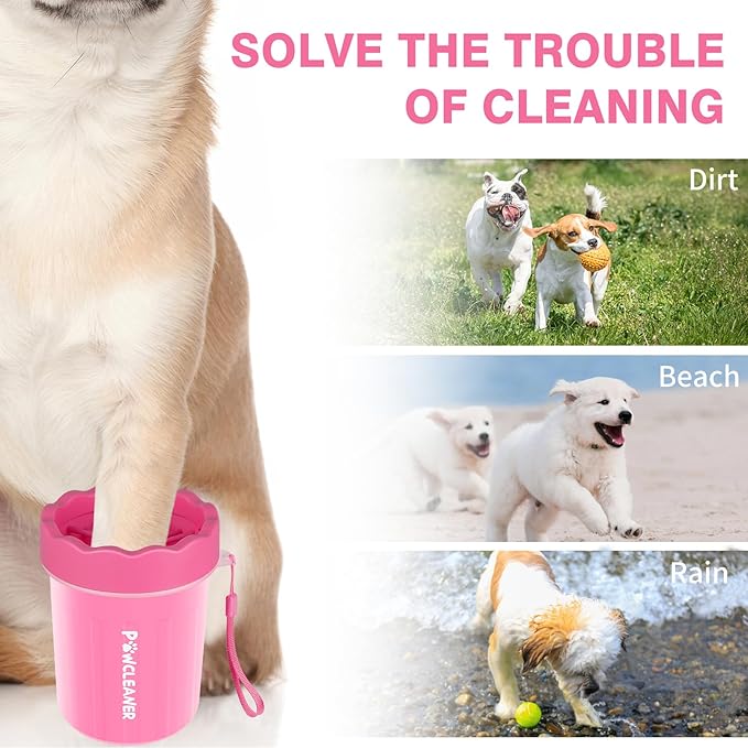 Comotech Portable Pet Foot Washer with Silicone Brush, 3 Absorbent Towels for Small Dogs (Pink)