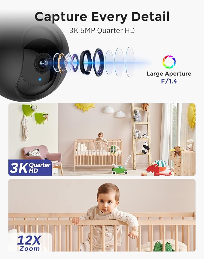 Hugolog 3K 5MP Indoor Pan/Tilt Security Camera with Auto-Focus,2.4 GHZ/5 GHZ,Ideal for Baby Monitor/Pet Camera,Starlight Color Night Vision,Human/Pet AI,Two-Way Audio,US Cloud,Compatible with Alexa