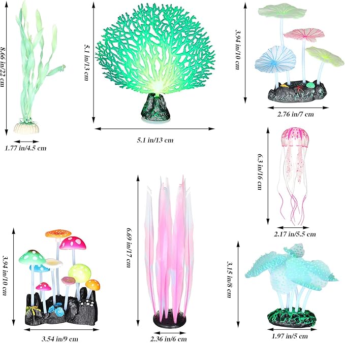 Frienda 8 Pieces Glowing Fish Tank Decorations Plants with 2 Style Glowing Kelp, Sea Anemone, Simulation Coral, Jellyfish, Lotus Leaf, Mushroom for Aquarium Fish Tank Ornament(Yellow, Pink)